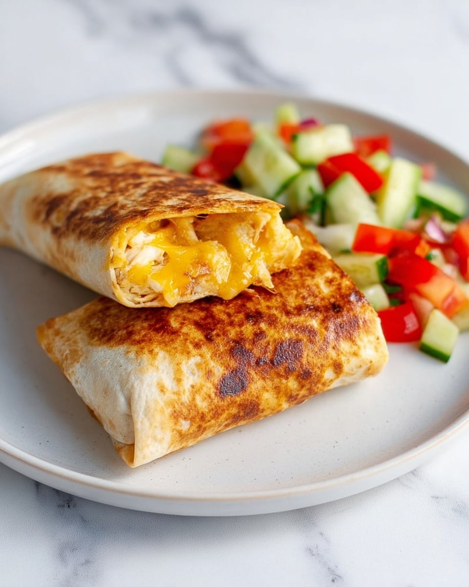 A white plate on a white marbled surface holds two toasted wraps stacked with the top wrap showing a melted yellow cheese and chicken filling slightly oozing out from one end; the wraps have a golden-brown crispy texture with charred spots. On the side, there is a fresh salad made of chopped red tomatoes, green cucumbers, and bits of red and green peppers, adding bright colors to the plate. Photo taken with an iphone --ar 4:5 --v 7