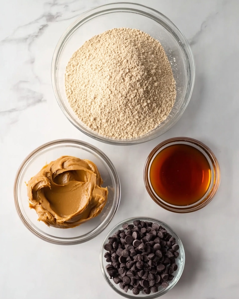 The image shows four clear glass bowls placed on a white marbled surface, each containing a different ingredient. The largest bowl at the top contains a fine beige flour or powder. Below it and to the left, a medium bowl holds smooth, creamy brown peanut butter. To the right of the peanut butter, a small bowl contains glossy amber-colored syrup. Next to the syrup, another small bowl is filled with dark brown chocolate chips. A woman's hand is holding the bowl with syrup. photo taken with an iphone --ar 4:5 --v 7