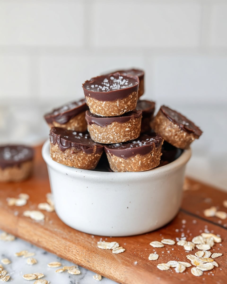 A white ceramic bowl filled with small round treats stacked unevenly, each treat having two distinct layers: a thicker bottom layer that is light brown with a rough, oat-like texture and a smoother dark brown chocolate layer on top sprinkled lightly with salt. The bowl is placed on a wooden board with scattered oat flakes around, and the background is a white marbled texture with white tiles slightly blurred. Photo taken with an iphone --ar 4:5 --v 7