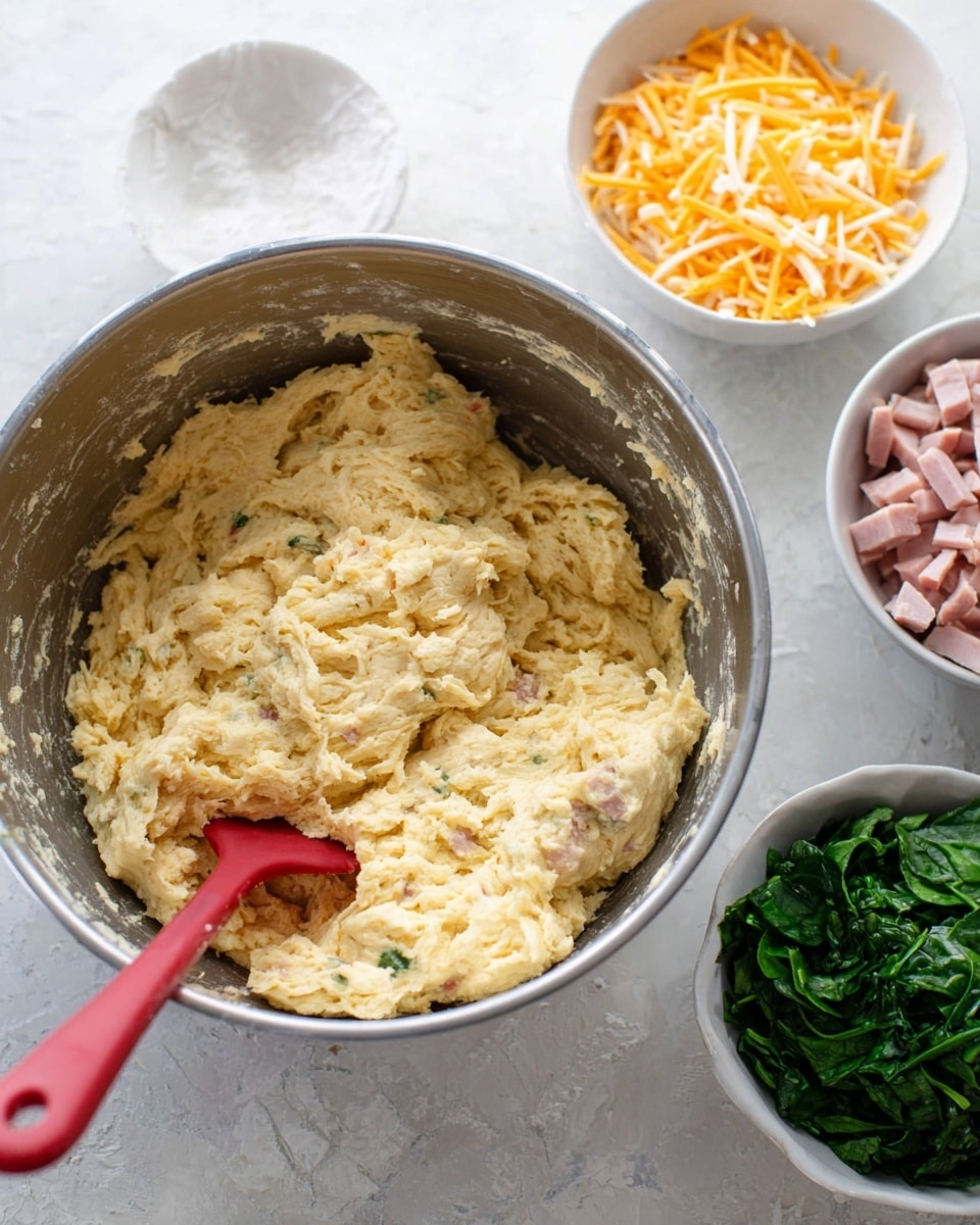 A large metal bowl filled with a thick, pale yellow dough that has small bits of darker ingredients mixed in, with a red spatula resting inside the bowl. Around the bowl, there are three white bowls: one filled with shredded orange and white cheese at the top right, one with green leafy chopped spinach at the bottom left, and one on the left holding chunks of pink ham. All items are placed on a white marbled textured surface. Photo taken with an iphone --ar 4:5 --v 7