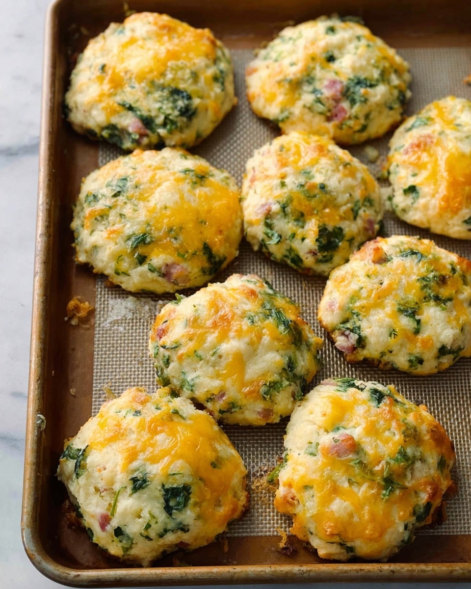 The image shows a baking tray with nine round, biscuit-like dough pieces that are golden on top with melted yellow and white cheese. The dough is mixed with green leafy herbs and small chunks of pink meat, giving it a textured and colorful look. The pieces have a soft, slightly rough surface and are placed close together on a brown mesh liner inside the tray. The background surface is a white marbled texture. photo taken with an iphone --ar 4:5 --v 7