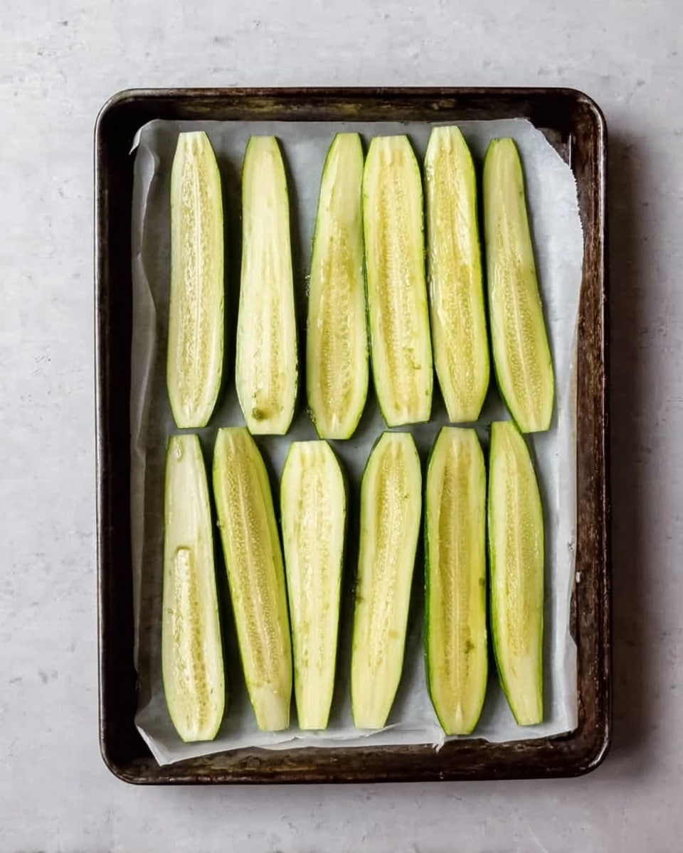 The image shows a dark metal baking tray lined with white parchment paper on a white marbled surface. On the tray, there are eleven long, thin zucchini slices arranged in two rows. The zucchini slices are light green with a slightly glossy texture, appearing to have a light coat of oil or seasoning. The slices vary slightly in size, with some longer and thinner than others, and their inner flesh is visible, showing soft pale green with seeds in the center. The background is clean and simple, focusing on the natural colors and textures of the zucchini slices. photo taken with an iphone --ar 4:5 --v 7