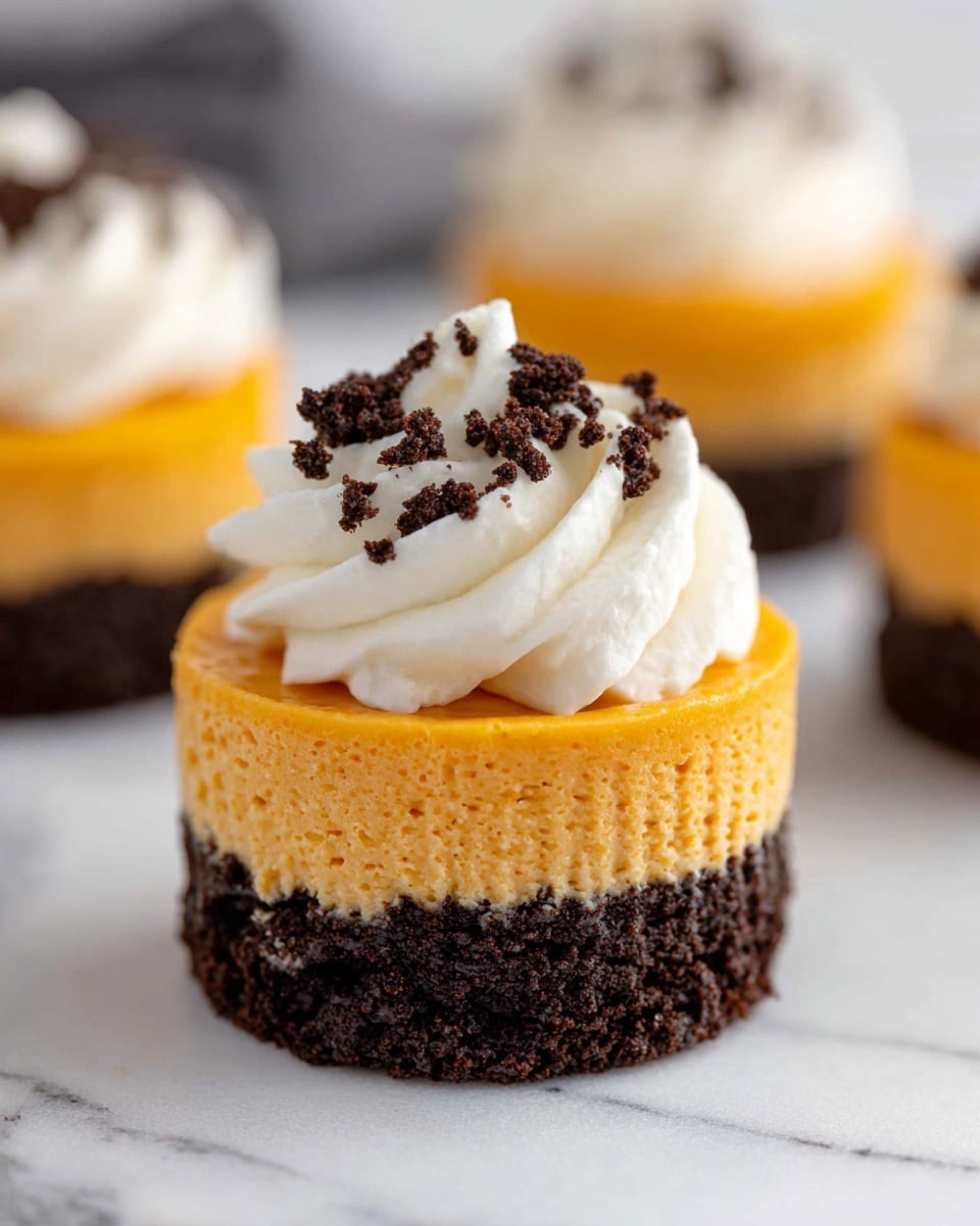 A small dessert with three clear layers sits on a white marbled surface. The bottom layer is dark brown and crumbly, made of crushed cookie pieces pressed flat and thick. On top of that is a thick, smooth layer of bright orange cheesecake with a soft texture and slight ridges on the side. The top layer is a swirl of white cream piped in a fluffy, twirled shape, sprinkled with small dark brown cookie crumbs. A second similar dessert is blurred in the background. Photo taken with an iphone --ar 4:5 --v 7