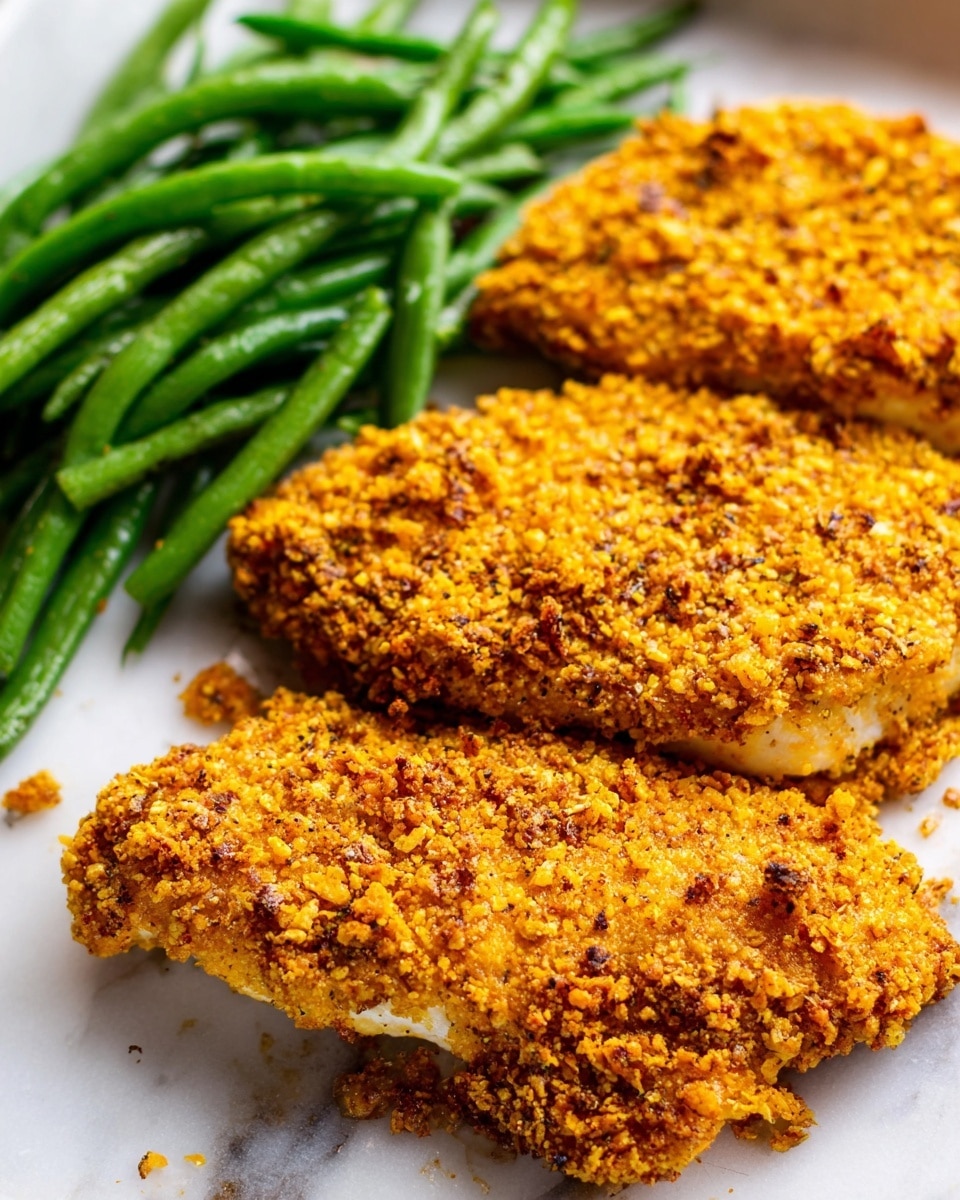 The image shows three pieces of breaded chicken layered with a rough, crunchy, golden-yellow coating that looks crisp and thick, placed on a white marbled surface. The chicken pieces have an uneven texture with visible bits of seasoning and crumbs around them. To the right, there is a pile of bright green, fresh-looking green beans with a firm texture and some water droplets, creating a fresh contrast with the golden chicken. The arrangement is simple and close-up, focusing on the detailed textures of both the breaded chicken and the green beans. photo taken with an iphone --ar 4:5 --v 7