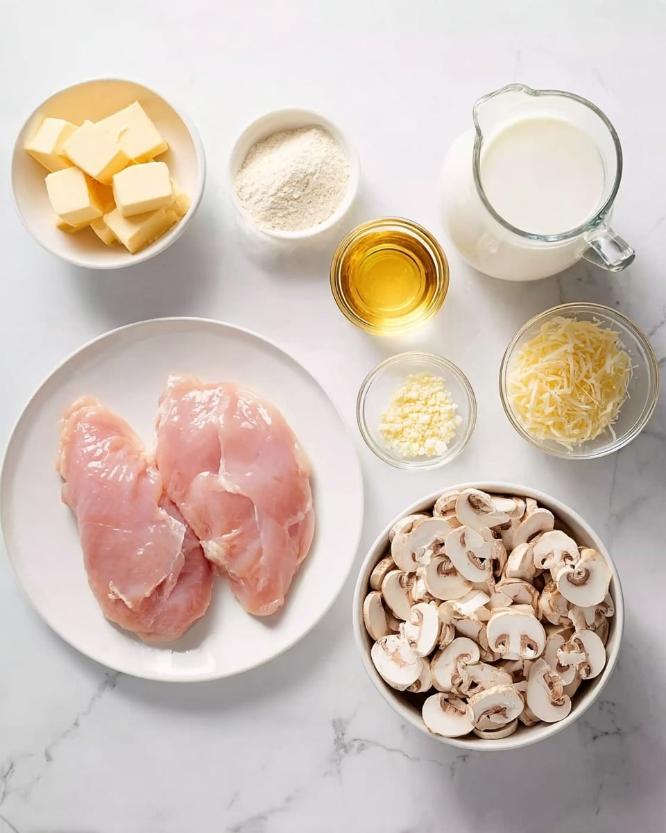 A white plate with two raw pink pieces of chicken placed on the left side of a white marbled surface, surrounded by small white bowls and containers of various ingredients: a small bowl of light yellow butter cubes, a clear glass cup of golden liquid, a white bowl filled with many thinly sliced beige mushrooms topped with a small glass bowl of chopped garlic, a small glass cup of pale flour, a small pile of light yellow grated cheese on a white round container, and a clear glass pitcher filled with white milk. All items are neatly arranged on the white marbled texture. photo taken with an iphone --ar 4:5 --v 7
