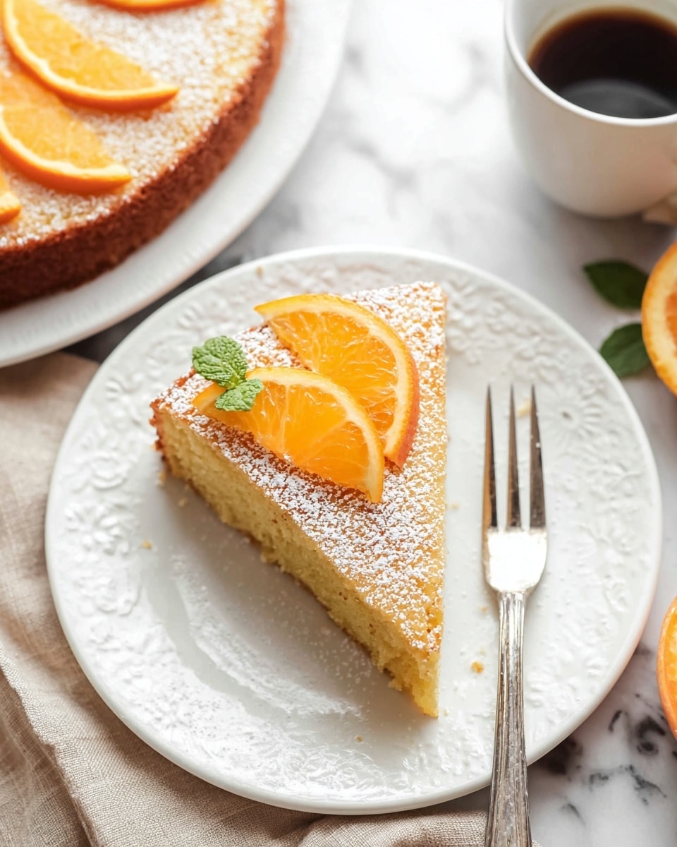 A single slice of golden brown cake with a slightly coarse texture is centered on a white plate with delicate embossed designs. The cake slice is topped with a light dusting of white powdered sugar and two thin, curved slices of bright orange citrus fruit arranged in a fan shape. To the right side of the plate, a shiny silver fork rests on the edge. In the background, part of the whole round cake is visible on a white plate, decorated with more orange slices and a small green mint leaf. A white cup of dark coffee sits nearby on a soft beige cloth, all placed on a white marbled surface. Photo taken with an iphone --ar 4:5 --v 7