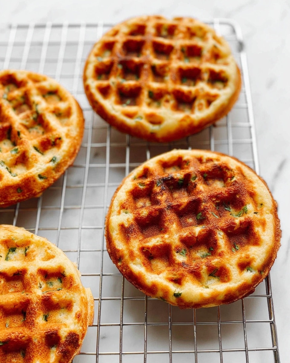 The image shows four golden brown round waffles cooling on a wire rack. Each waffle has an even grid pattern with small square indentations and a slightly crispy texture with some darker brown spots. The waffles have small green flecks scattered inside, suggesting added herbs or vegetables. The wire rack is placed over a white marbled surface, enhancing the warm tone of the waffles. The scene is well-lit with natural light, making the waffles look fresh and appetizing. photo taken with an iphone --ar 4:5 --v 7