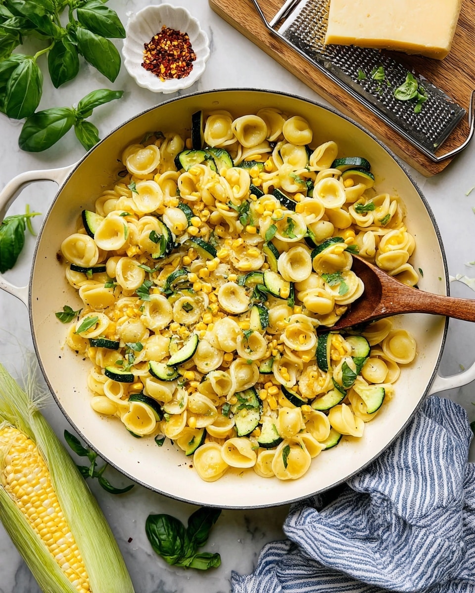 A white pan filled with three layers: the bottom layer is light yellow round orecchiette pasta, the middle layer is bright green chopped zucchini pieces, and scattered throughout are yellow corn kernels, the top layer has small green basil leaves sprinkled over the dish. A wooden spoon rests inside the pan on the right side, slightly lifting some pasta and vegetables. Around the pan, there is a quarter piece of a pale yellow cheese block on a wooden board with a metal grater, red chili flakes in a small white bowl, fresh basil leaves on the white marbled surface, and a partially husked corn cob laying at the bottom left corner. A blue and white striped cloth is partly beneath the pan on the bottom right side. Photo taken with an iphone --ar 4:5 --v 7