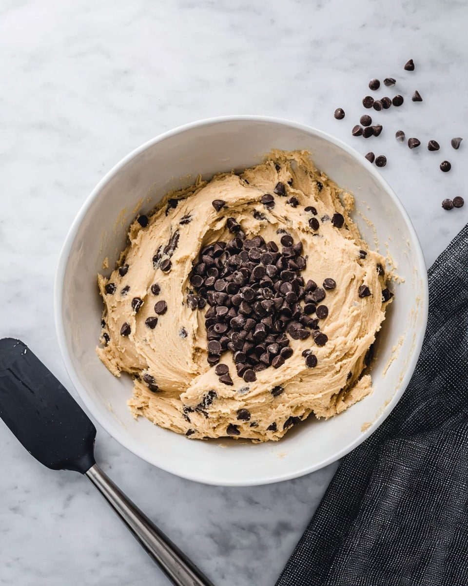 Inside a large white bowl on a white marbled surface, there is a thick light brown cookie dough mixed with small dark chocolate chips throughout. A pile of additional chocolate chips sits on top of the dough in the center. Beside the bowl, a black spatula with a silver handle rests on the surface near a folded dark gray cloth. The image has a clean and bright look with neutral colors. photo taken with an iphone --ar 4:5 --v 7