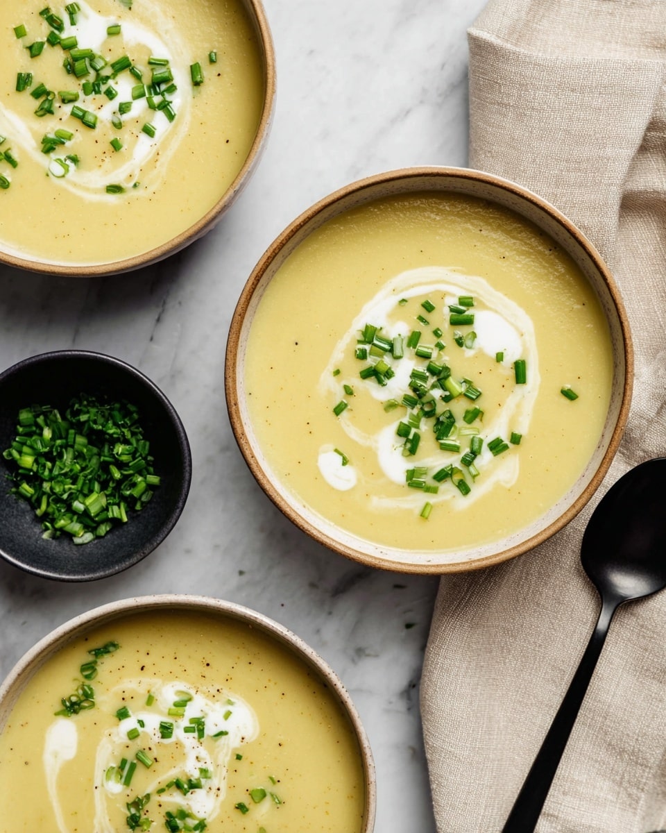 The image shows three bowls of smooth, pale yellow soup. Each bowl is filled to the top with the creamy soup, which has white cream swirled on the surface in soft, irregular shapes. Chopped green chives are sprinkled in the middle of the cream swirl on each bowl, adding a bright green contrast. Two bowls are placed directly on a white marbled surface, and one bowl rests on a light beige cloth with a black spoon inside. The bowls have a smooth, rustic finish with a soft brown rim. A small black bowl filled with more chopped green chives is visible at the bottom left corner. The overall scene is bright with natural light, showing a clear and fresh presentation. photo taken with an iphone --ar 4:5 --v 7