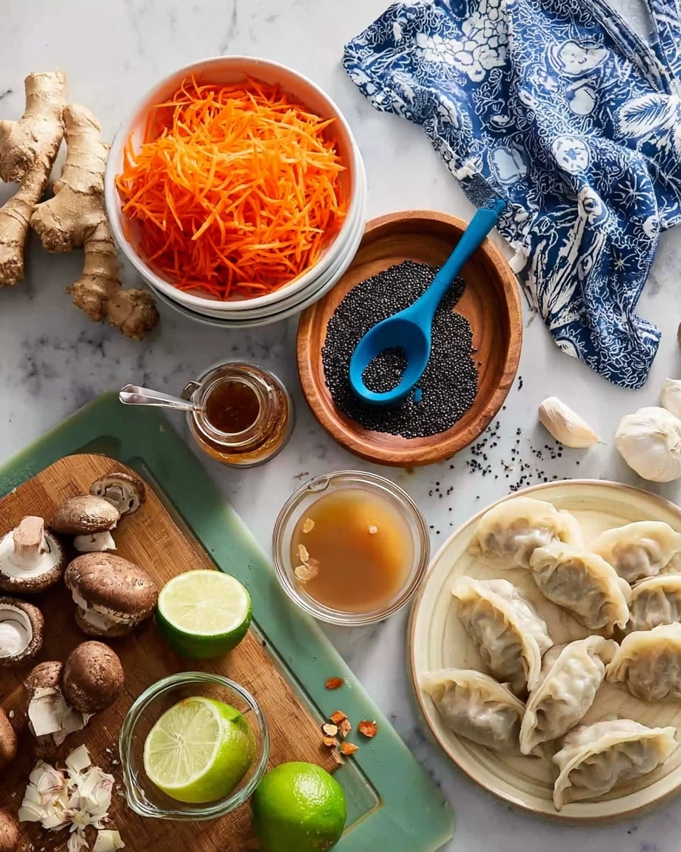 The image shows an overhead view of a white marbled surface with various cooking ingredients arranged neatly. On the left, there is a stack of white bowls with shredded bright orange carrots inside the top bowl. A large piece of ginger rests near a blue patterned cloth above the bowls. In the center, there is a small wooden plate filled with black seeds and a blue measuring spoon on top. Next to it is a small glass jar with a brown liquid and a small spoon in it, along with a glass measuring cup filled with a light brown liquid. Below these is a green cutting board holding several brown mushrooms, garlic cloves, and two green limes, one sliced in half. To the right, a white round plate with a beige border is stacked with half-moon shaped dumplings. A woman's hand is just visible at the top corner near the carrots. photo taken with an iphone --ar 4:5 --v 7
