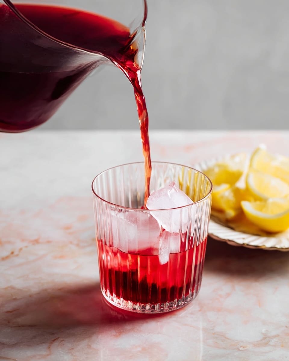 A clear ribbed glass filled halfway with white ice cubes sits on a white marbled surface. A deep red liquid is being poured into the glass from a transparent pitcher above, catching the light and showing rich red highlights. To the right, a small white plate with scalloped edges holds bright yellow lemon wedges, adding a pop of color to the scene. The light background keeps the focus on the glass and the pouring liquid. photo taken with an iphone --ar 4:5 --v 7
