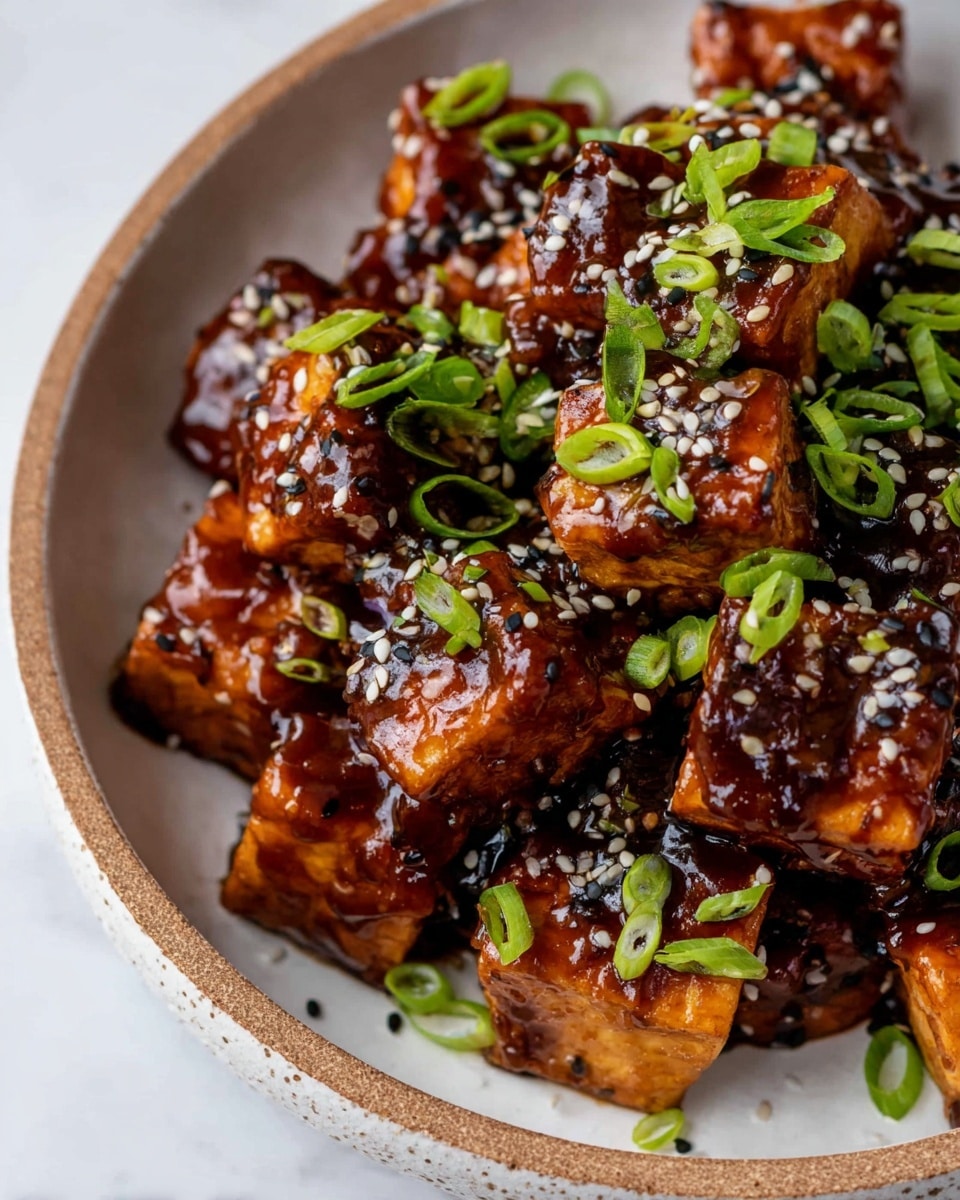 A white speckled bowl filled with bite-sized golden brown tofu cubes covered in a thick shiny dark brown sauce, topped with bright green chopped scallions and sprinkled with white and black sesame seeds. The tofu pieces are stacked unevenly, showing a dense texture under the sauce. The bowl sits on a white marbled surface, with the focus on the glossy sauce and fresh garnish. Photo taken with an iphone --ar 4:5 --v 7