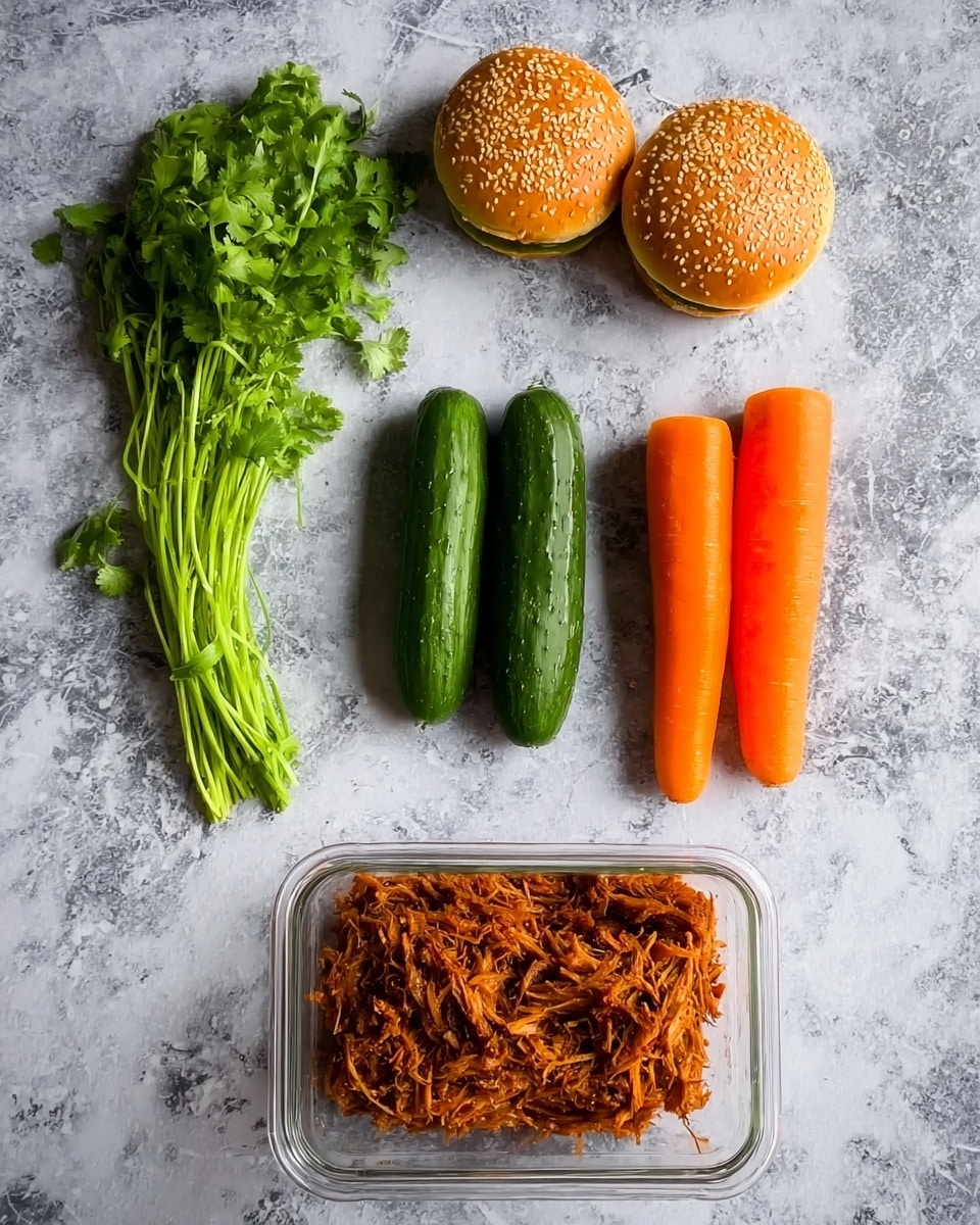 The image shows a layout of ingredients on a white marbled surface. On the left side, there is a bunch of bright green cilantro leaves with long stems, placed next to two sesame seed burger buns with a golden-brown color. In the center, there are three small cucumbers lined up vertically, each with a smooth dark green skin. To the right, there are two long, bright orange carrots positioned parallel to each other. Below the cucumbers and carrots, there is a clear glass container filled with shredded, reddish-brown cooked meat. photo taken with an iphone --ar 4:5 --v 7