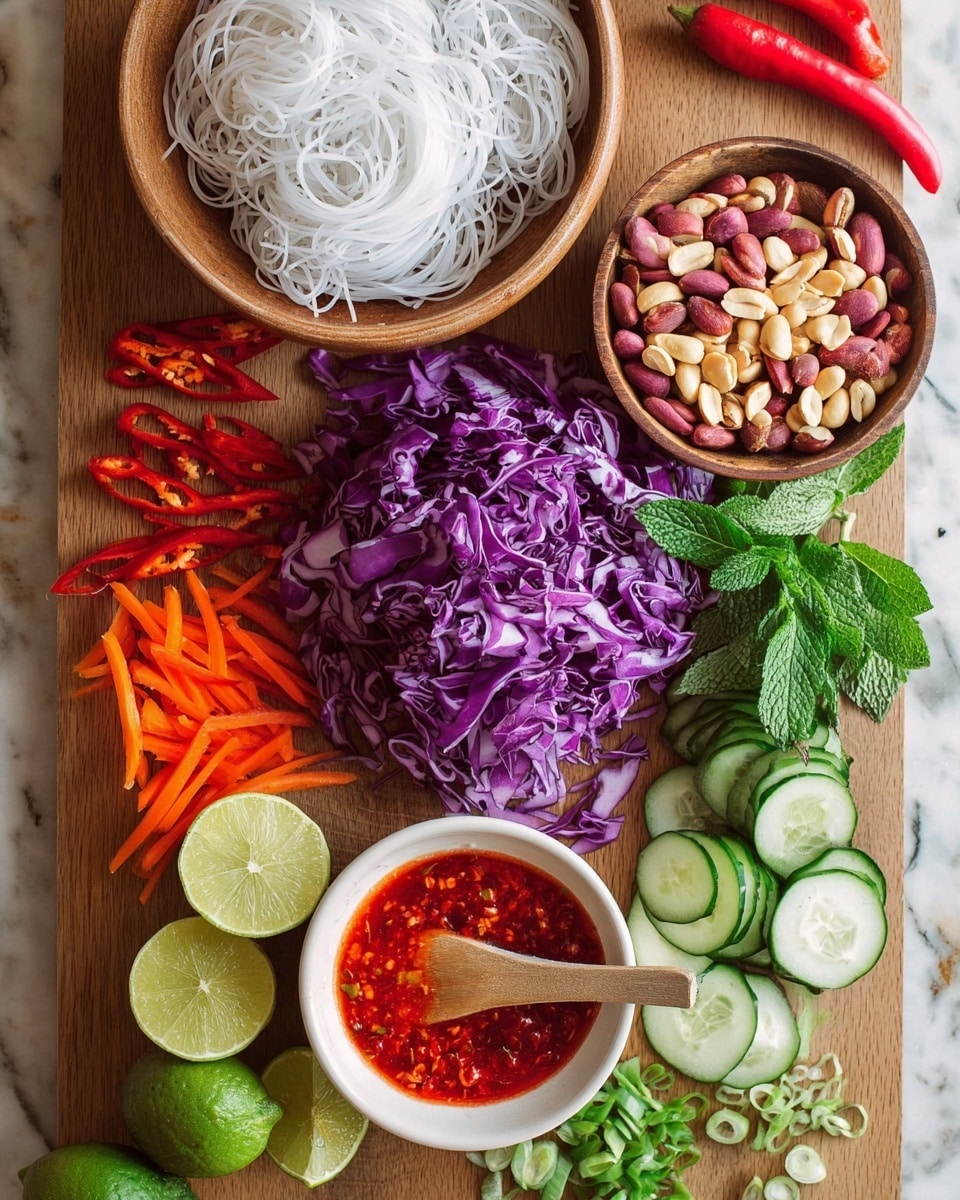 The image shows a wooden board with colorful food ingredients arranged on it. On the top left, there is a white bowl filled with thin white noodles. Next to it on the left is a round wooden bowl filled with red and beige peanuts, with a wooden spoon inside. To the right of the peanuts is a pile of thinly sliced purple cabbage. Below the cabbage, there are thin orange-red strips of bell pepper. To the right of the peppers, fresh green mint leaves are placed beside a stack of sliced dark green cucumber rounds with light green flesh, and thinly sliced light green scallions at the bottom right. On the bottom left of the board, there are three thick lime wedges, a whole lime, and a whole red chili pepper. In the bottom center, there is a white bowl filled with bright red chili sauce, with a wooden spoon inside. The whole scene is set on a white marbled surface. photo taken with an iphone --ar 4:5 --v 7