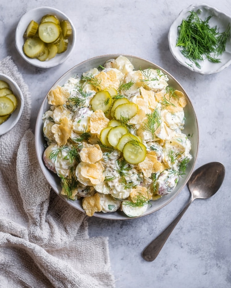 A large bowl filled with a layered potato salad that has pale yellow potato slices mixed with creamy white dressing, topped with light golden potato chips, crunchy green dill sprigs, and thin slices of green pickles arranged evenly on top. Around the bowl, smaller white bowls hold extra pickle slices and fresh dill. The scene is set on a light gray surface with a textured light cloth nearby and a silver spoon resting to the side. The overall look is fresh, soft, and slightly rustic with a clear focus on the layers and textures of the salad ingredients photo taken with an iphone --ar 4:5 --v 7
