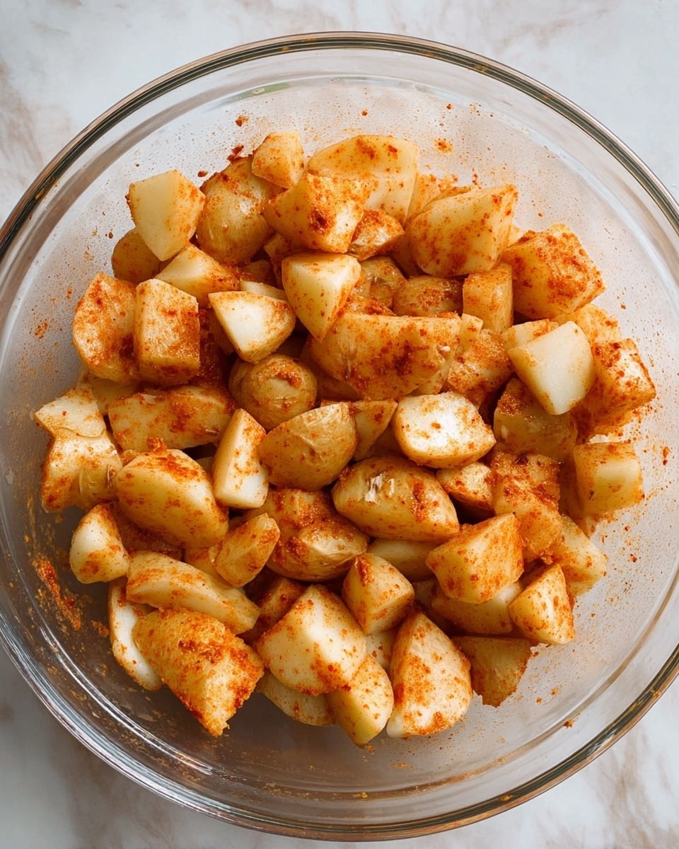 A clear glass bowl filled with small, uneven pieces of raw potatoes coated with a reddish-orange seasoning that gives the potatoes a slightly glossy texture. The potato pieces have a mix of skin-on and peeled areas, showing light brown and creamy white colors. The bowl sits on a white marbled surface. photo taken with an iphone --ar 4:5 --v 7
