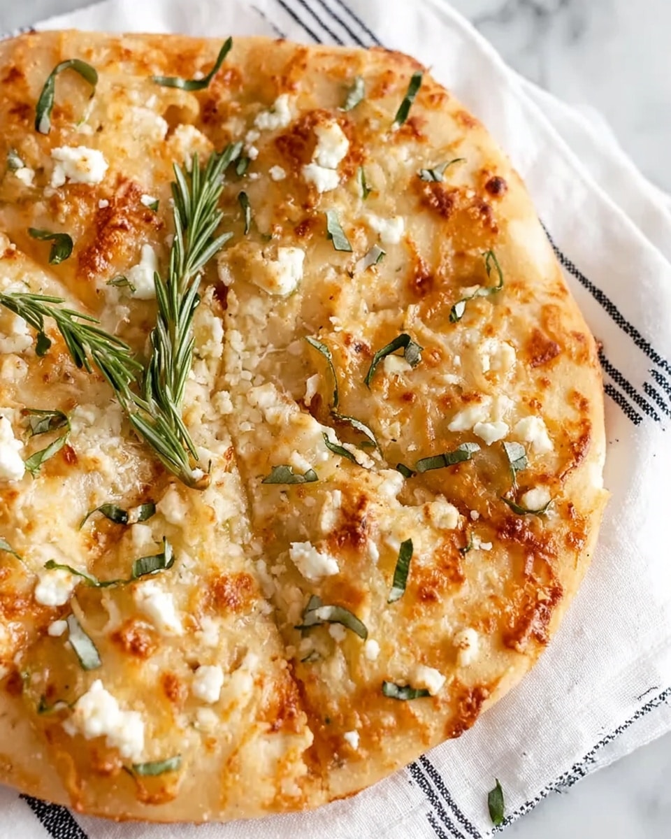 A close-up view of a round flatbread with a golden-brown crust, topped with melted cheese that has slightly browned in spots. Scattered on top are small white cheese crumbles and fresh green herbs, including rosemary leaves, adding texture and color contrast. The flatbread is placed on a white cloth with thin black lines, resting on a white marbled surface. photo taken with an iphone --ar 4:5 --v 7