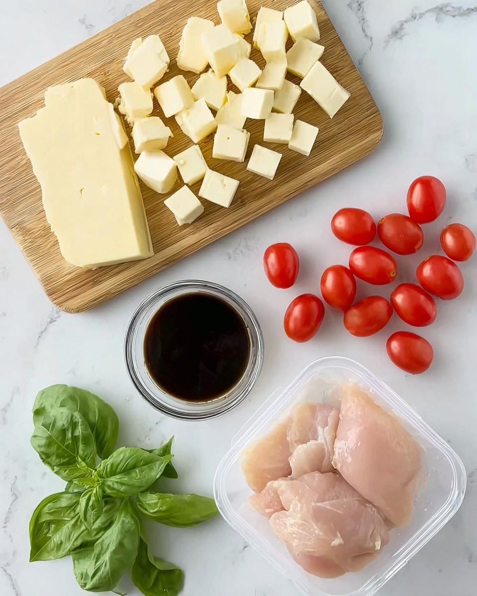The image shows a white marbled surface with several food items arranged neatly. In the top left, there is a wooden cutting board holding a block of pale yellow cheese and many small, cube-shaped pieces of the same cheese. Below the cheese, there is a small clear glass container filled with dark brown balsamic vinegar. To the right, scattered on the white marbled surface, are bright red grape tomatoes. In the bottom left corner, several fresh green basil leaves are spread out. In the bottom right, two pale pink pieces of raw chicken are placed inside a transparent plastic tray. The photo taken with an iphone --ar 4:5 --v 7