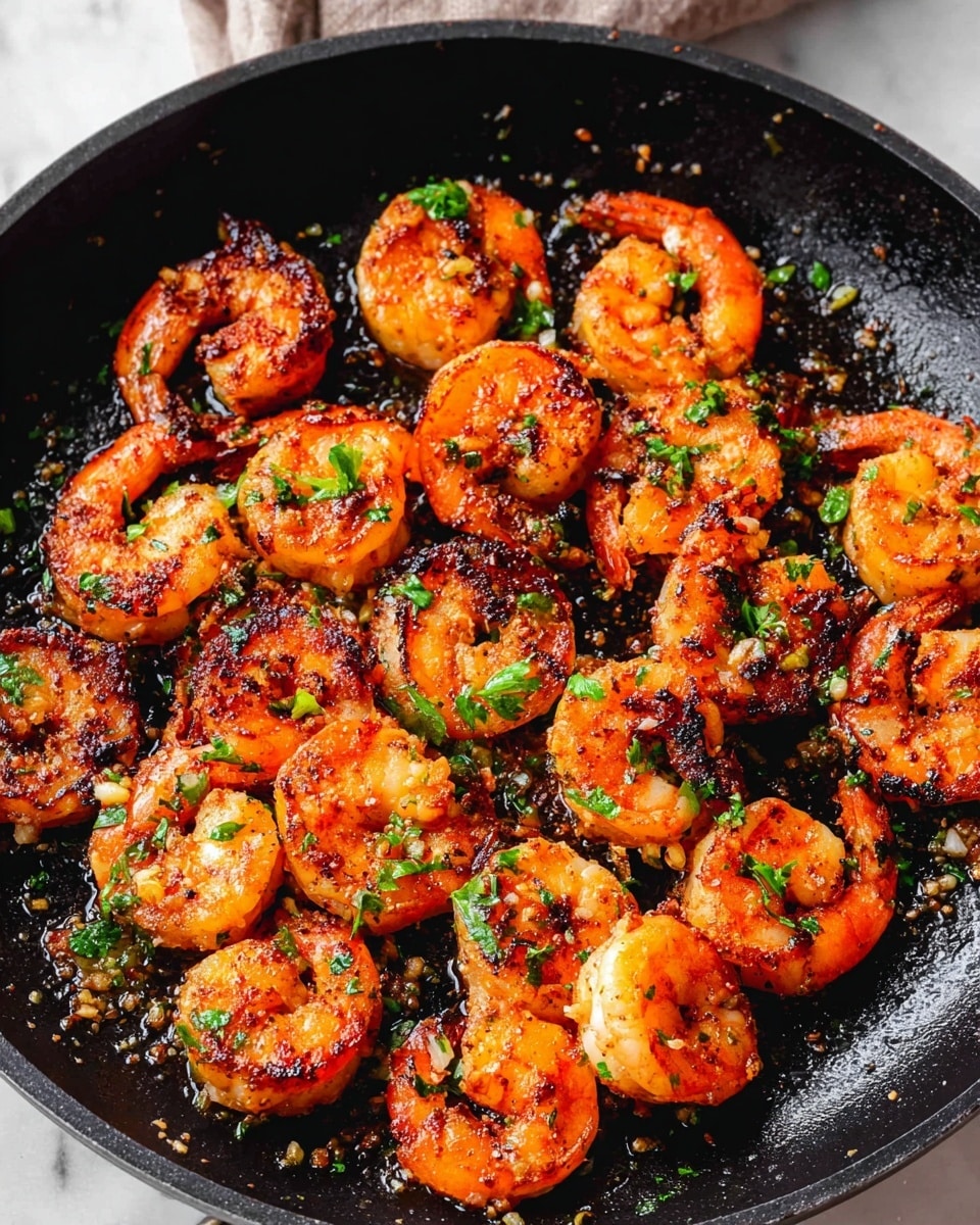 A black skillet filled with one layer of cooked shrimp that have a bright orange and reddish color with some charred black spots, topped with small green parsley pieces and small bits of light-colored garlic. The skillet shows some grease and seasoning specks around the shrimp, all set on a white marbled surface. Photo taken with an iphone --ar 4:5 --v 7