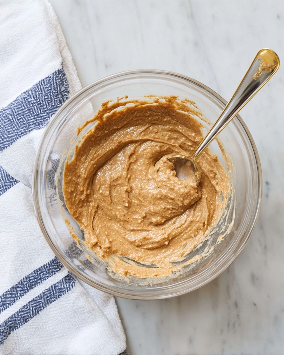 A clear glass bowl sits on a white marbled surface with a white and blue striped cloth beside it. Inside the bowl, there is a thick, light brown batter with a slightly grainy texture, swirled smoothly and spreading evenly across the bottom. A shiny silver spoon with a few gold accents is placed inside the bowl, its tip partially covered by the batter, as if just used for stirring. The scene is simple and bright, focusing on the batter mixture in the bowl. photo taken with an iphone --ar 4:5 --v 7