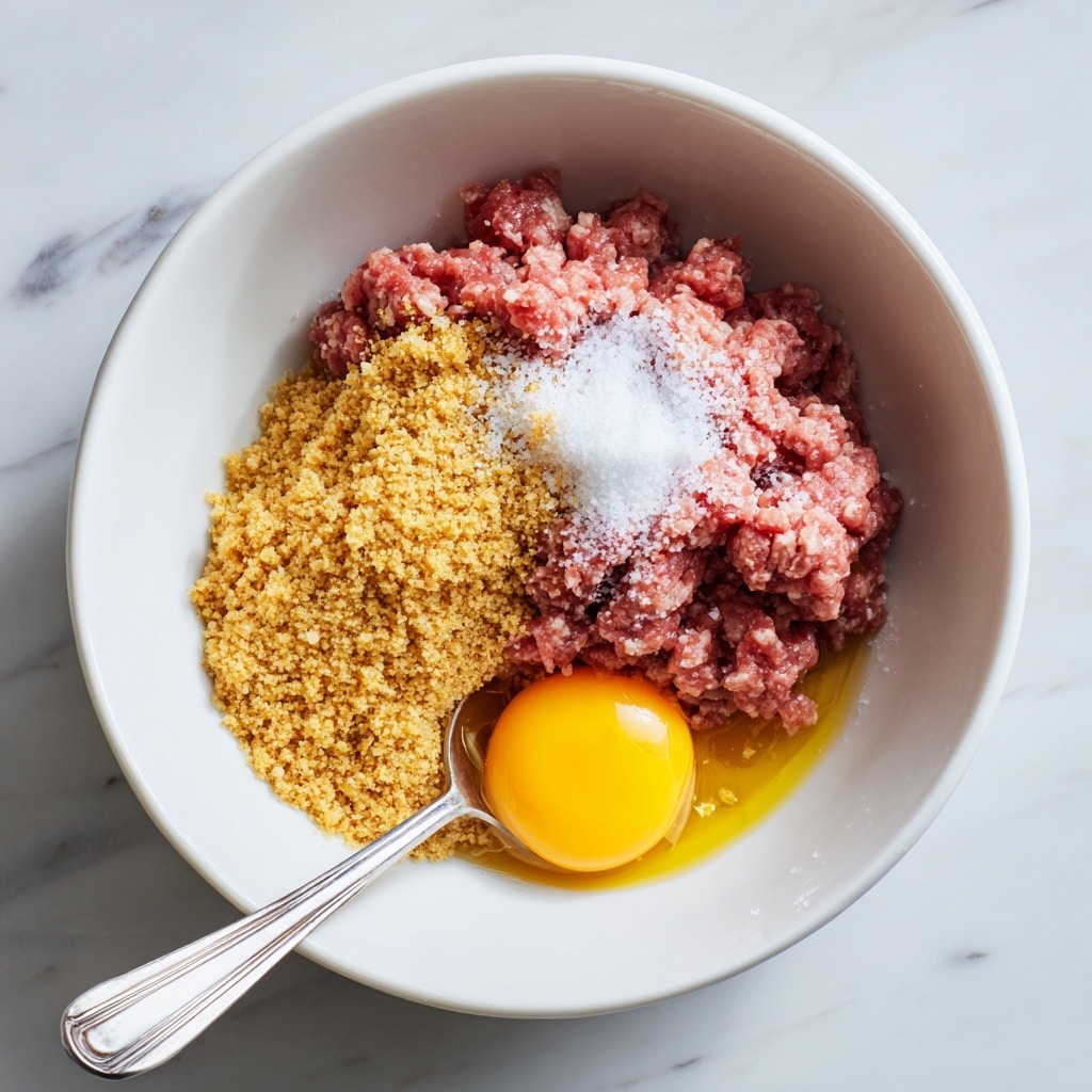 A white bowl on a white marbled surface holds several ingredients ready to mix: a large portion of raw ground meat with a slightly pink color at the bottom, a heap of golden-brown breadcrumbs on the upper left side, a raw egg with a bright yellow yolk on the bottom right, and a small pile of white salt in the middle on top of the meat. A woman's hand is using a silver spoon to scoop some breadcrumbs from the bowl. Photo taken with an iphone --ar 4:5 --v 7
