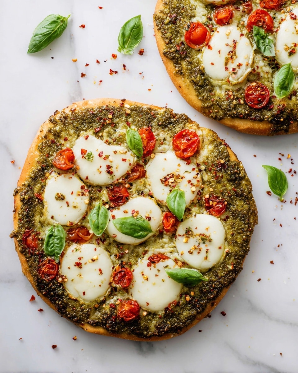 Two round pizzas sit on a white marbled surface. Each pizza has a golden-brown crust around the edges and a thick layer of green pesto sauce spread evenly on top. On top of the pesto, there are several round white cheese slices placed across the pizzas, with small red cherry tomato pieces scattered between the cheese. Bright green basil leaves are placed lightly on top for garnish. Small red pepper flakes are sprinkled over the pizzas and around on the surface. Photo taken with an iphone --ar 4:5 --v 7