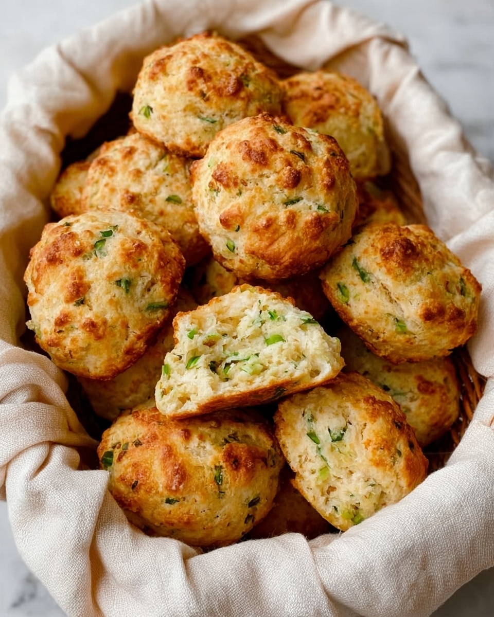 A basket full of about a dozen golden brown biscuits with rough, uneven tops showing little bits of green herbs inside; one biscuit is split open, showing a soft, crumbly inside with small green pieces. The basket is lined with a cream cloth, and the whole scene rests on a white marbled surface. photo taken with an iphone --ar 4:5 --v 7