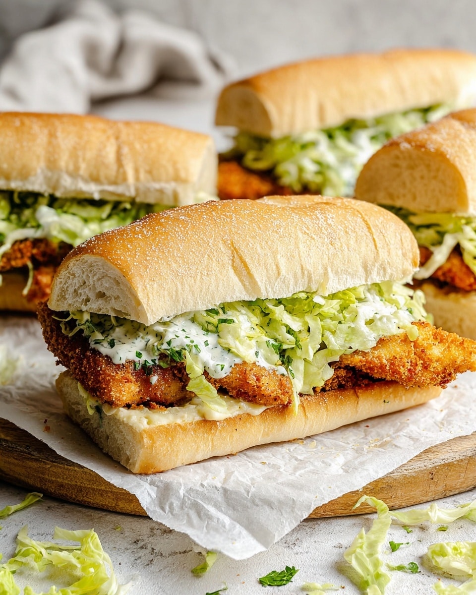 The image shows three sandwiches with three main layers inside white sandwich rolls. The bottom layer is crispy, golden-brown breaded chicken pieces with a rough texture. Above the chicken is a layer of fresh, light green lettuce that looks crunchy and leafy, mixed with a white creamy sauce visible in places. The top layer is the soft, slightly toasted white sandwich roll with a lightly speckled texture. The sandwiches sit on white parchment paper on a light wooden board, with a white marbled textured surface in the background. Some lettuce pieces are scattered around the board. Photo taken with an iphone --ar 4:5 --v 7