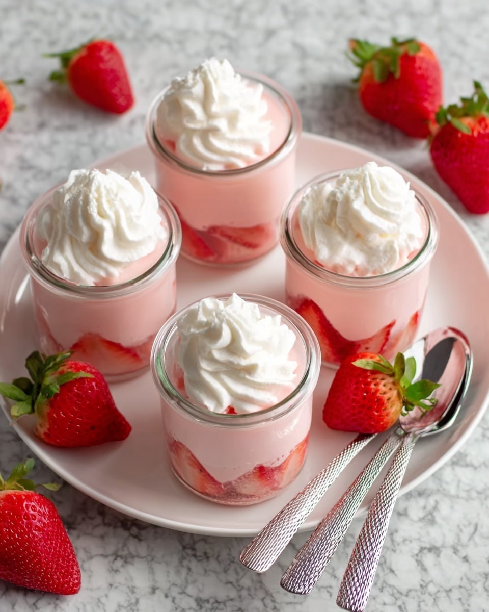 The image shows four small glass jars filled with a pink creamy dessert, placed on a round white plate. Inside each jar, there are visible sliced strawberries pressed against the glass, creating a red and pink layer at the bottom and sides. The main body of the dessert is smooth and light pink, filling most of the jars. On the top of each jar, there is a generous swirl of white whipped cream. The plate is on a white marbled surface, and there are whole fresh red strawberries with green leaves placed around the plate. Three silver spoons with textured handles lay on the edge of the plate. photo taken with an iphone --ar 4:5 --v 7