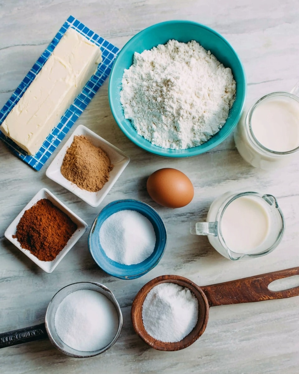 A flat lay of baking ingredients placed on a white marbled surface, featuring a block of white butter with a blue grid pattern on the wrapper at the top left; a turquoise bowl filled to the top with white flour sits near the center. To the right, there is a clear glass measuring cup with milk inside. Below the flour, a metal measuring cup filled with white granulated sugar is set next to a brown egg. Nearby, a small blue bowl holds white baking powder, and a small wooden bowl contains salt. There are two white square dishes placed above the wooden bowl; one has a light brown spice and the other holds a darker brown spice. Another metal measuring cup filled with sugar is positioned at the bottom right side. The colors are soft and natural, with the ingredients clearly separated, photo taken with an iphone --ar 4:5 --v 7