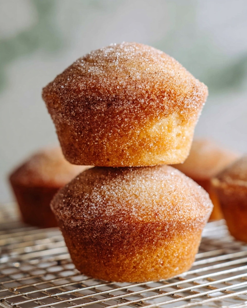 Two golden brown muffins are stacked on top of each other on a silver cooling rack. Both muffins are dusted with a layer of fine sugar and cinnamon powder, giving them a slightly grainy texture on the surface. The muffins have a gentle dome shape with a soft crumb texture visible at the edges and a warm, toasted color from the baking. The background is blurred with a white marbled texture underneath the cooling rack. photo taken with an iphone --ar 4:5 --v 7