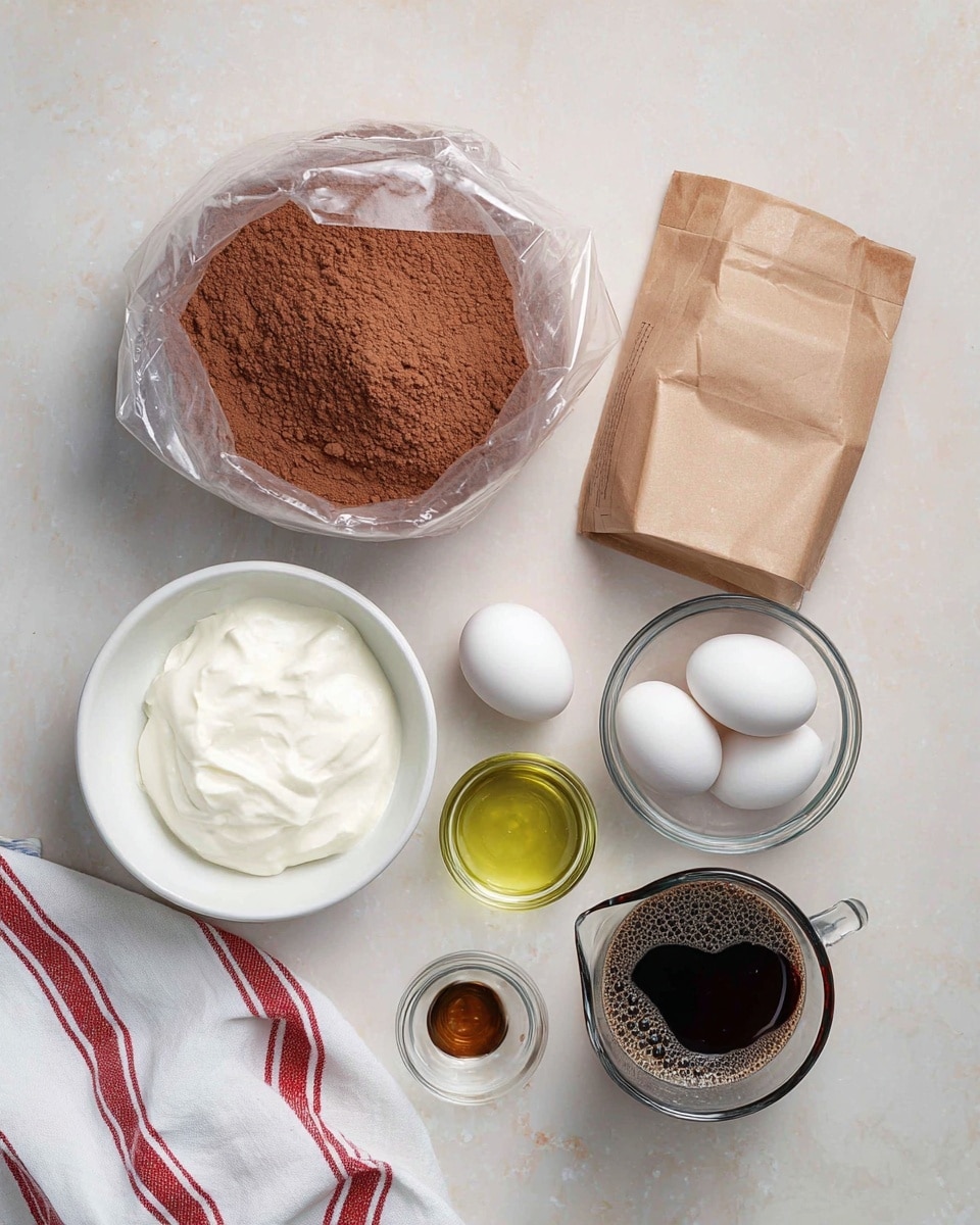 The image shows baking ingredients arranged on a white marbled surface. There are two clear plastic bags filled with brown powder at the top left and a brown paper packet to their right. Below, a white bowl with smooth white cream sits near three white eggs scattered lightly. Next to the eggs is a small clear glass measuring cup with a light yellow liquid, and beside it is a smaller metal cup with a dark brown liquid. To the right, another clear glass measuring cup contains a dark espresso-colored liquid with tiny bubbles on top. At the bottom left corner, a white cloth with red stripes is partly shown. photo taken with an iphone --ar 4:5 --v 7