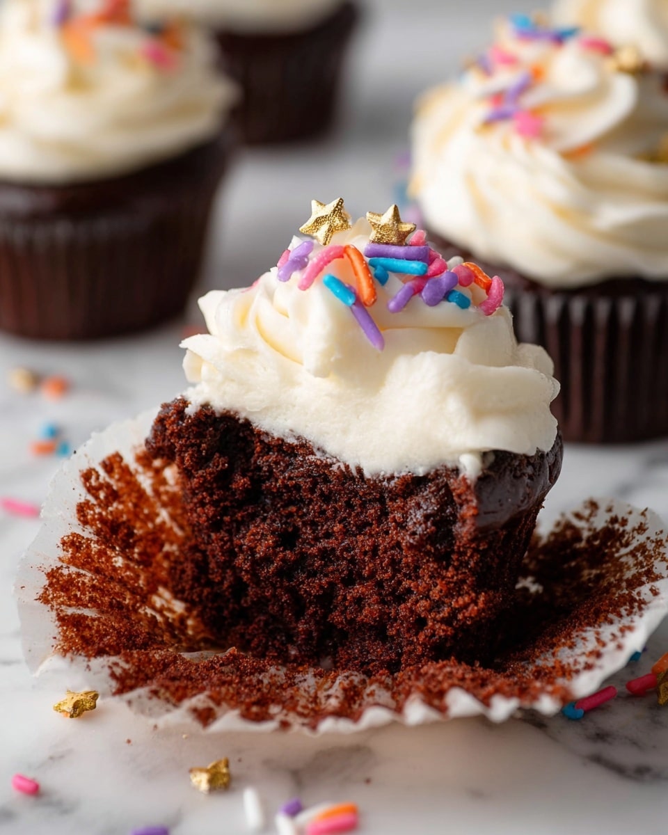 A half-eaten chocolate cupcake sits on a white marbled surface, with its brown, slightly crumbly base visible. The cupcake is topped with a thick, creamy layer of white frosting that is swirled and peaks at the top. On top of the frosting, there are colorful sprinkles in purple, orange, pink, blue, and red, along with small golden star-shaped sprinkles. The cupcake paper wrapper is peeled back and rests on the surface. In the blurred background, two more chocolate cupcakes with white frosting can be seen. photo taken with an iphone --ar 4:5 --v 7