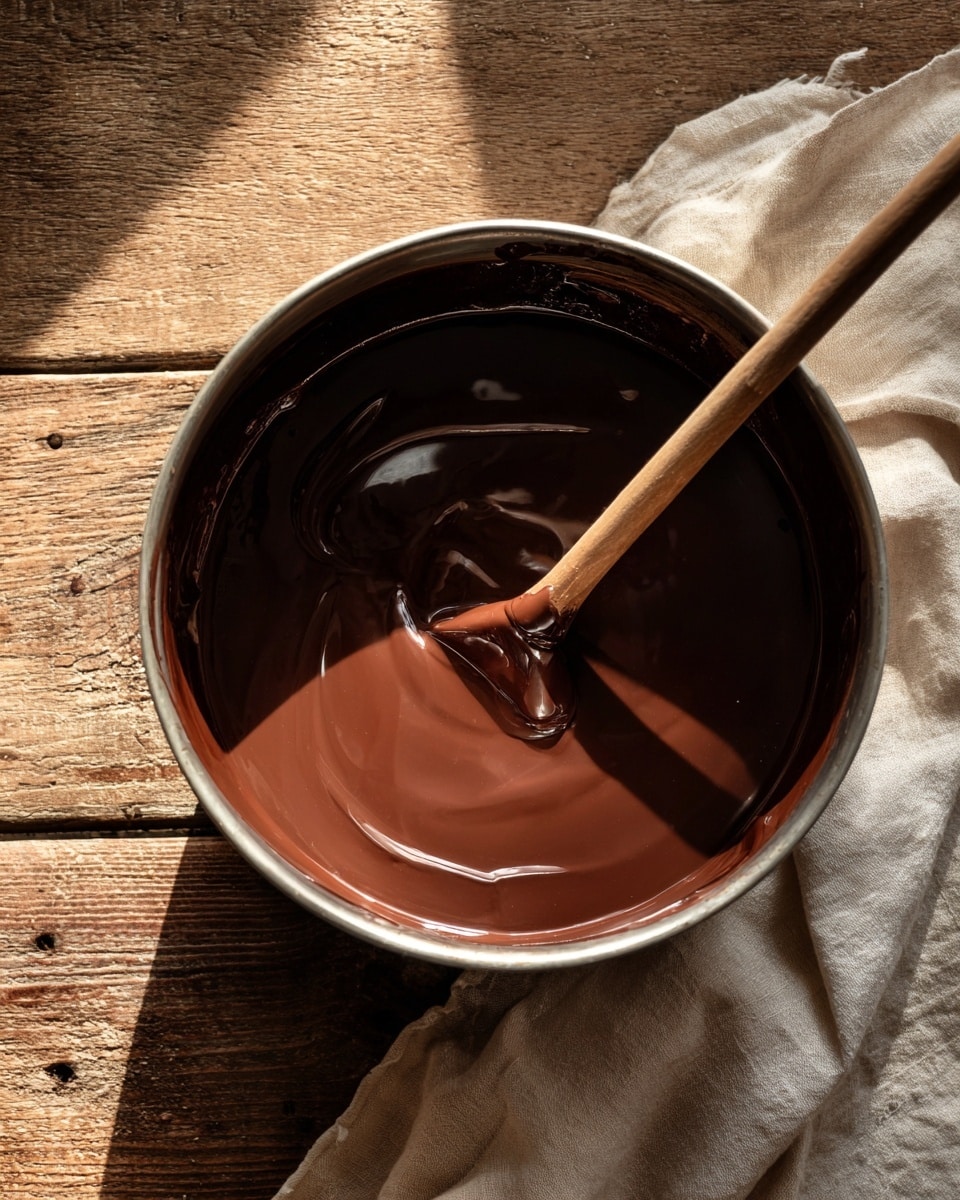 A top view of a round metal pan filled with smooth, shiny dark brown melted chocolate, with a wooden spoon inside the pan stirring the chocolate. The pan sits on a rough wooden surface with warm sunlight casting soft shadows around. A light beige cloth is positioned to the right side on the wooden surface. photo taken with an iphone --ar 4:5 --v 7