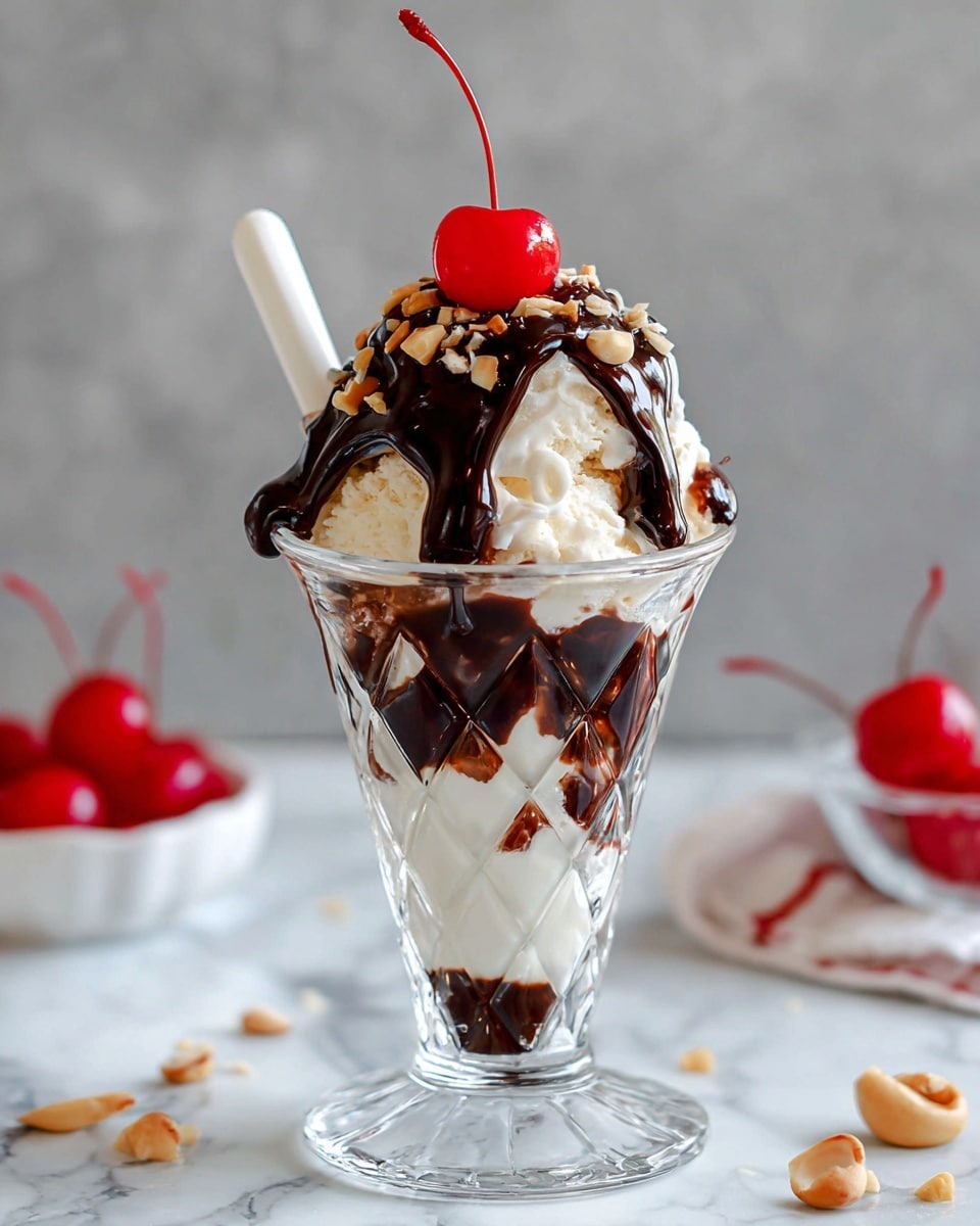 A clear glass sundae cup with a diamond pattern holds three layers: at the bottom, a thick layer of white vanilla ice cream, followed by a layer of dark chocolate sauce, topped with another scoop of vanilla ice cream. Rich, dark chocolate sauce drips over the top scoop, sprinkled with small pieces of nuts. A bright red cherry with a stem sits on top, and a white spoon is placed inside the cup behind the layers. The glass is set on a white marbled surface, with a single cherry and a bowl of cherries blurred in the background. photo taken with an iphone --ar 4:5 --v 7