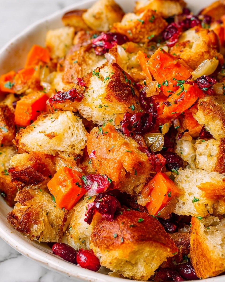 The image shows a close-up of a dish with several layers and colors. The base layer has large chunks of golden brown toasted bread with a crisp texture, mixed with pieces of bright orange cooked carrots. Scattered across the top are small bright red cranberries, adding a pop of color. There are small bits of translucent white onions mixed throughout. The dish is sprinkled with small green herb flakes, giving a fresh look. All of this is contained in a white dish sitting on a white marbled surface. Photo taken with an iphone --ar 4:5 --v 7