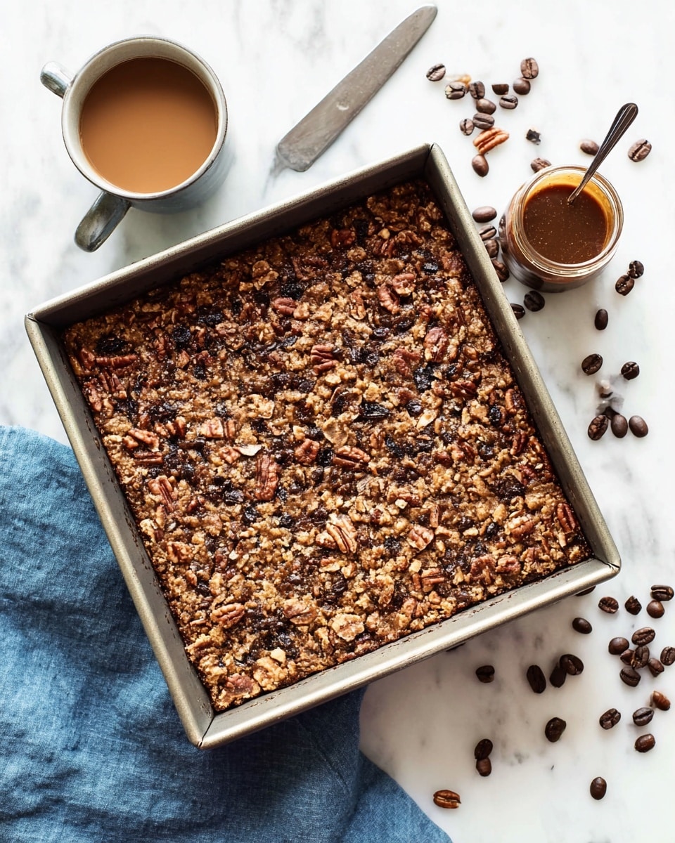 A square baking pan filled with a baked mixture that has a rough, chunky texture with visible pieces of nuts and dark brown bits spread evenly across the surface. Around the pan, there are scattered dark coffee beans on a white marbled texture surface. To the right, a small jar of thick brown sauce sits on a blue cloth, with the jar looking slightly messy on its rim. A silver knife lies at the upper left side of the pan. The whole setup has bright, natural light and is viewed from above. photo taken with an iphone --ar 4:5 --v 7