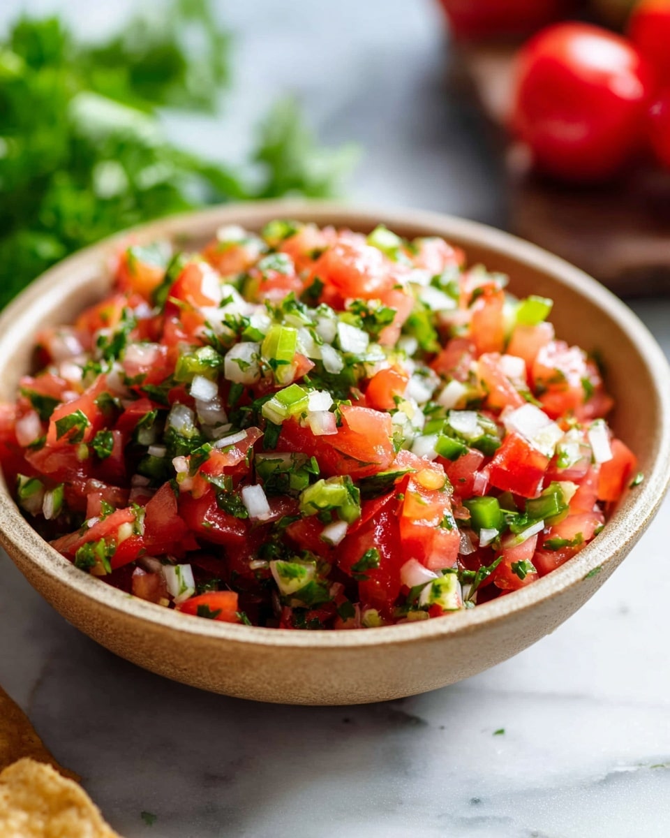 A close view of a round bowl filled with fresh salsa, showing three visible layers: the bottom layer with finely chopped green herbs and small bits of white onion, the middle layer with diced green peppers, and the top layer of bright red tomato chunks mixed with more white onion and green herbs. The bowl is light beige and placed on a white marbled surface. The background includes some blurred red tomatoes and green parsley, adding a fresh, colorful touch. Photo taken with an iphone --ar 4:5 --v 7