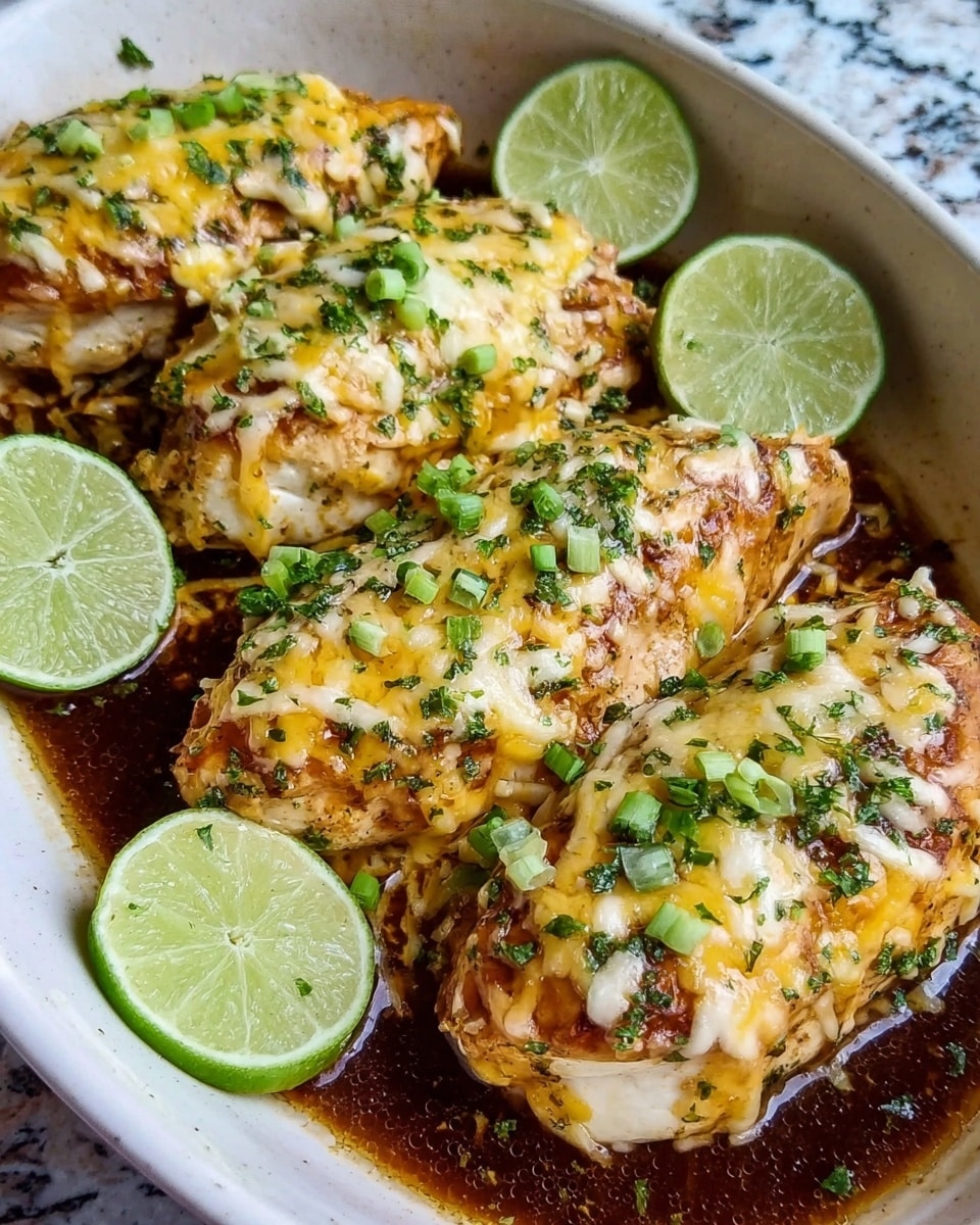Three pieces of cooked chicken layered with melted yellow and white cheese, topped with chopped green onions and herbs, all resting in a dark brown sauce inside a white pan. Around the chicken are wedges of fresh lime adding a pop of bright green. The background features a white marbled texture. photo taken with an iphone --ar 4:5 --v 7
