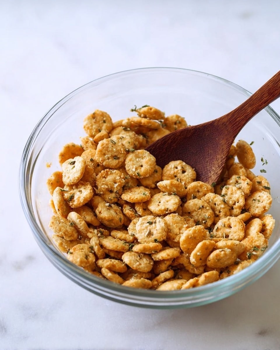 A clear glass bowl filled with small, round, golden-brown cracker pieces that have a slightly rough texture and are sprinkled with green herbs. A wooden spoon with a smooth, dark handle rests inside the bowl, partially buried in the crackers. The bowl is placed on a white marbled surface that adds a clean, bright background to the image. photo taken with an iphone --ar 4:5 --v 7
