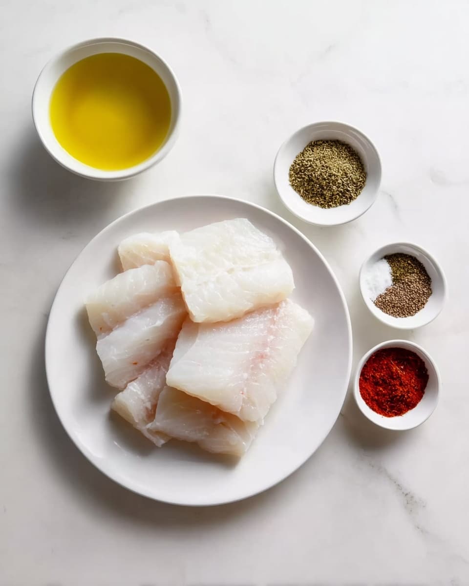 The image shows a white round plate on a white marbled surface holding five pieces of raw white fish fillets arranged loosely on the plate. Above the plate, there are three small white bowls; the left bowl contains yellow olive oil, the right bowl contains a creamy white liquid, and the top right bowl has four types of spices separated into four sections: a red powder, a greenish-brown herb, black pepper, and white salt. The overall scene is bright with a clean and simple look. Photo taken with an iphone --ar 4:5 --v 7