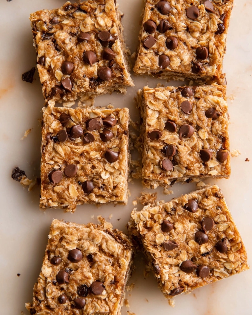 The image shows six square granola bars arranged closely together on a white marbled surface. Each bar has a rough texture full of visible oats and dark chocolate chips scattered on top. The bars are light brown with the oats lending a pale, creamy contrast and the chocolate chips providing small, round dark brown spots. The bars are thick and look dense but soft, with some cracks and crumbs around the edges, giving a natural, homemade feel. Photo taken with an iphone --ar 4:5 --v 7