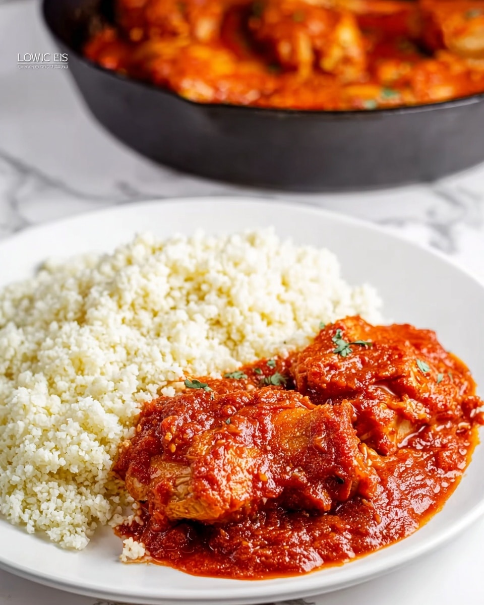 The image shows a close-up of a white plate on a white marbled surface. On the right side of the plate, there are two pieces of chicken covered in a thick, bright red sauce that looks slightly textured and shiny. The chicken pieces appear tender and are partially soaked in the sauce, which has small bits of herbs and spices visible. On the left side of the plate, there is a generous serving of white cauliflower rice with a light, crumbly texture and small granules. In the background, a black cast iron pan contains more chicken in sauce, slightly out of focus. Photo taken with an iphone --ar 4:5 --v 7