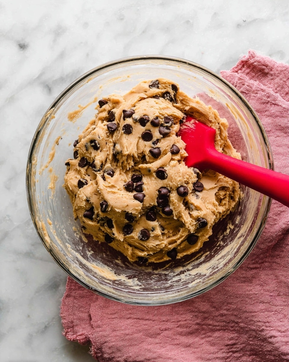A clear glass bowl holds a thick, creamy light brown dough mixed evenly with many dark brown chocolate chips throughout. A red silicone spatula is partially embedded on the right side of the dough, showing some texture marks where it has pushed the dough. The bowl sits on a soft pink cloth, all placed on a surface with a white marbled texture. photo taken with an iphone --ar 4:5 --v 7