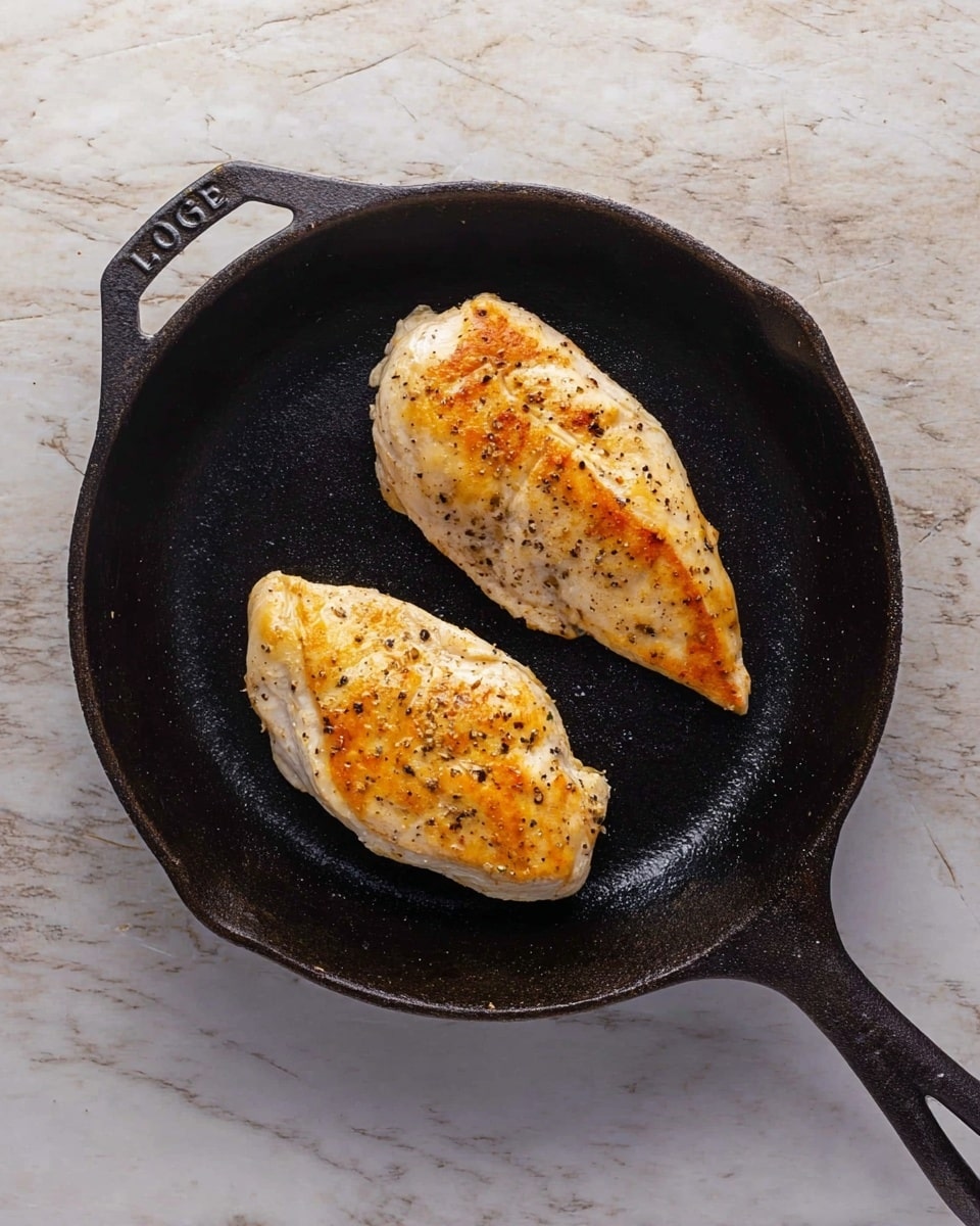 The image shows two cooked chicken pieces in a black cast iron pan placed on a white marbled surface. The chicken pieces are golden brown on top with light specks of black pepper. The larger piece is positioned on the right side, and the smaller piece is on the left side of the pan. The pan has a handle extending to the bottom right with the brand name 'LODGE' visible on the handle's top left edge. The background emphasizes the contrast between the dark pan and the white marbled surface. photo taken with an iphone --ar 4:5 --v 7
