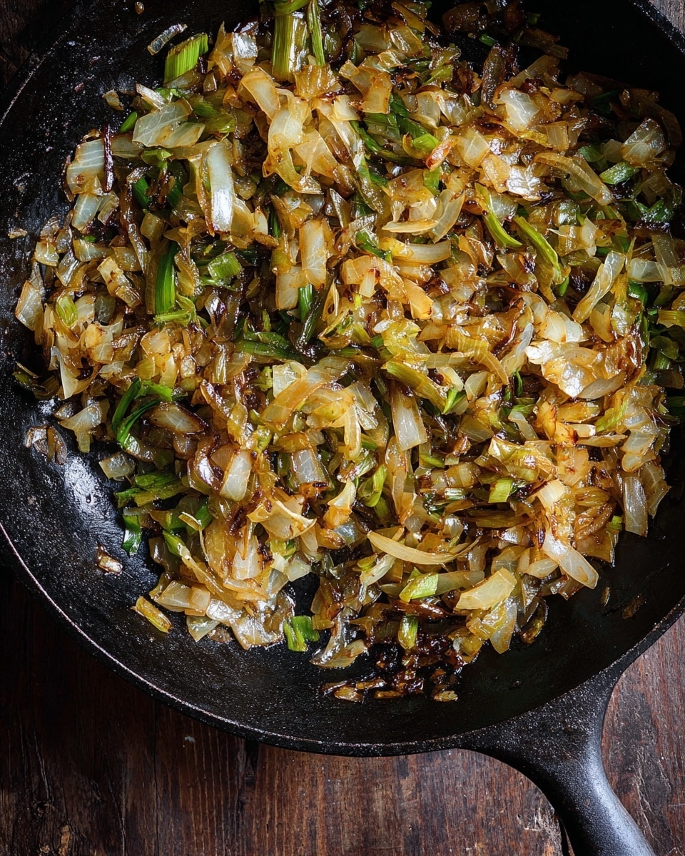 The image shows a black cast iron pan filled with cooked chopped onions and green vegetables. The top layer is a mix of translucent, golden-brown onions and soft, green pieces, all glistening with oil. The cooked pieces spread thinly in the pan, revealing some shiny, dark brown caramelized spots and a slightly oily texture. The pan rests on a dark wooden surface. photo taken with an iphone --ar 4:5 --v 7