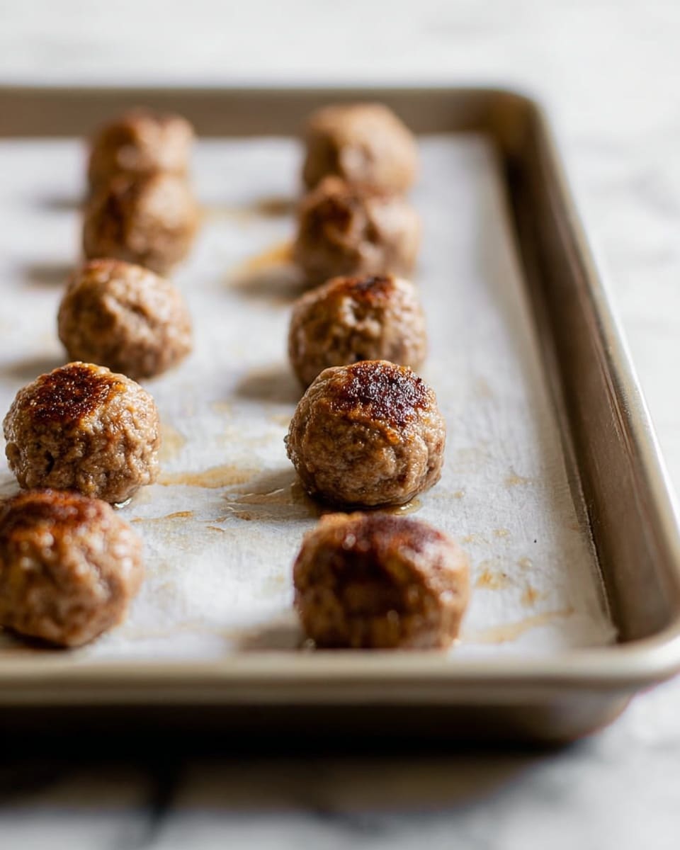 The image shows a metal baking tray lined with white parchment paper, holding 11 small round meatballs arranged in rows. Each meatball has a browned and slightly crisp top layer with a mix of light and dark brown colors, giving a cooked texture. The baking tray sits on a white marbled surface, with some oil stains visible on the parchment paper. The focus is on the closest meatballs with the background meatballs softly blurred photo taken with an iphone --ar 4:5 --v 7