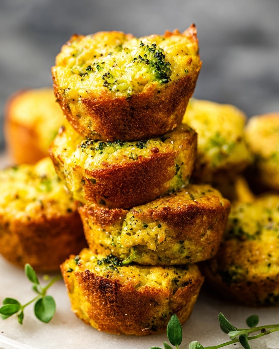 The image shows a stack of small, golden-yellow savory muffins with visible green flecks of broccoli mixed throughout. Each muffin has a slightly uneven, crispy top with a textured surface that looks crunchy and soft inside. The muffins are arranged in a small heap on a white marbled surface, with one muffin balanced on top of another. The edges of the muffins are browned, and the mixture inside looks hearty and dense. A small green herb leaf is placed near the muffins, adding a fresh touch. Photo taken with an iphone --ar 4:5 --v 7