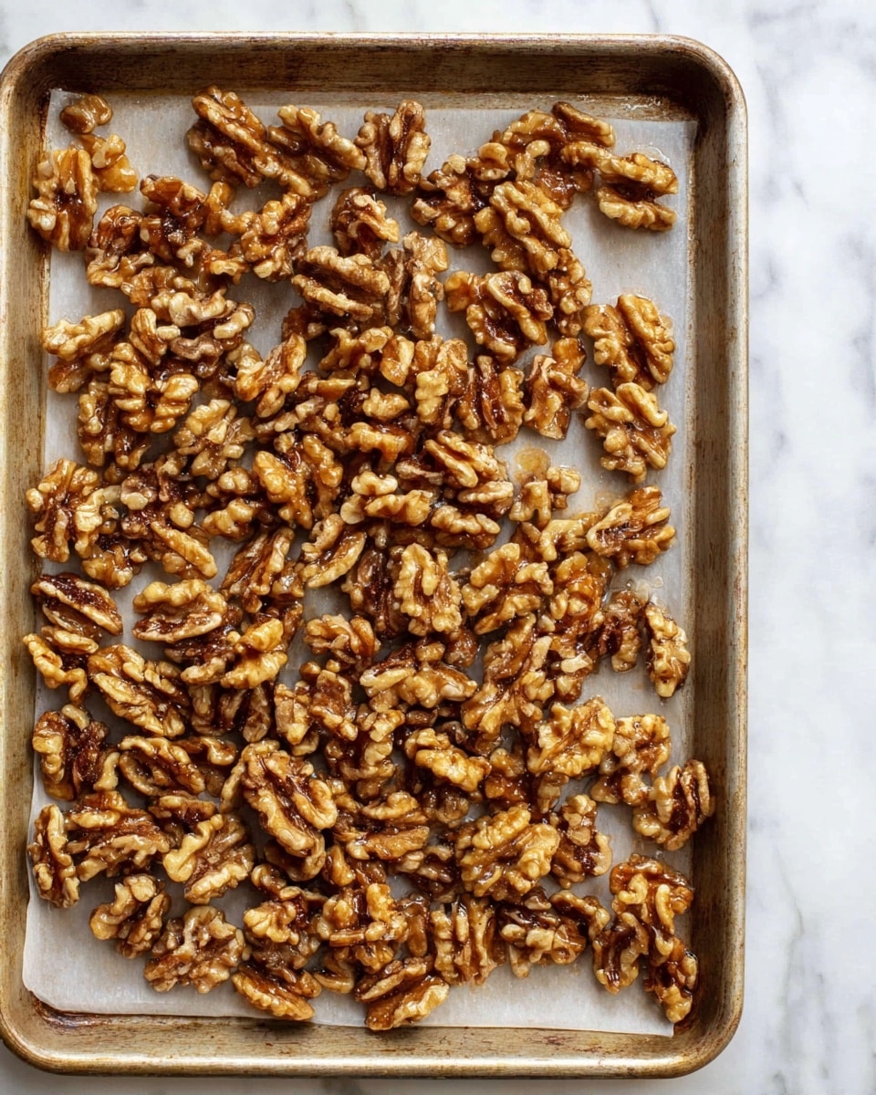 A metal baking tray holds one layer of caramelized walnuts spread evenly on a sheet of parchment paper. The walnuts are golden brown with a shiny, sticky coating that gives them a crisp texture. Each walnut piece is irregularly shaped, showing detailed ridges and folds with some darker toasted spots. The tray is placed on a white marbled surface. photo taken with an iphone --ar 4:5 --v 7